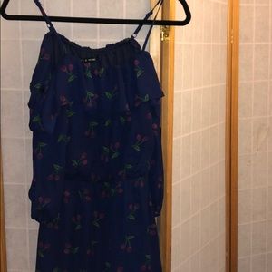 Navy blue and cherry print off-the-shoulder romper